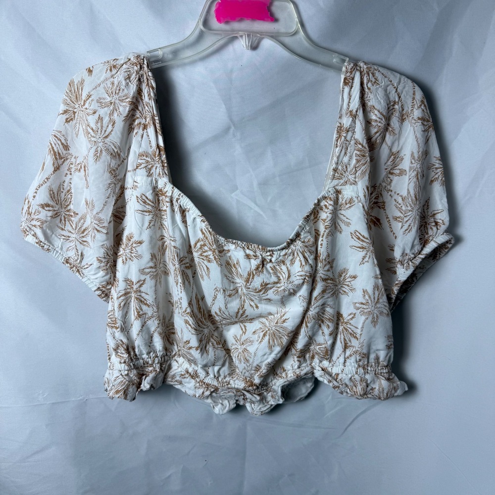 1. State Palm Leaf‎ Print Square Neck Puff Sleeve Cropped Blouse Top XL - Picture 3 of 6
